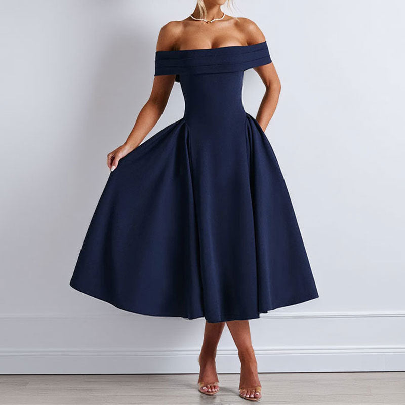 Dames Off-shoulder midi-jurk met geplooide halslijn en uitlopende rok