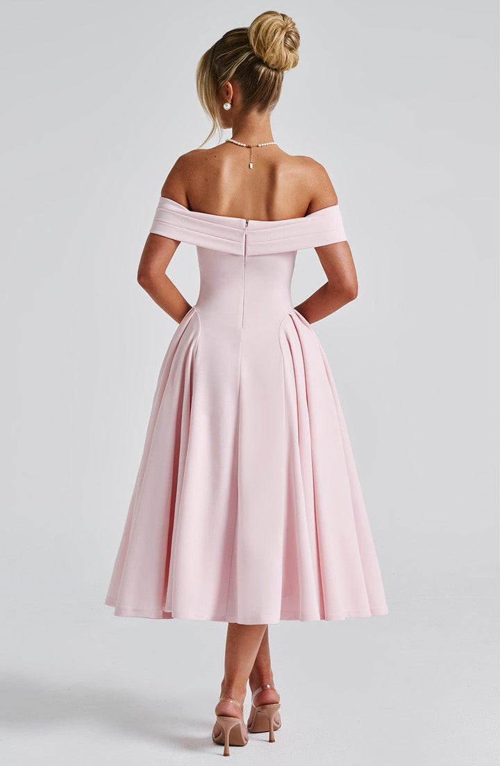 Dames Off-shoulder midi-jurk met geplooide halslijn en uitlopende rok