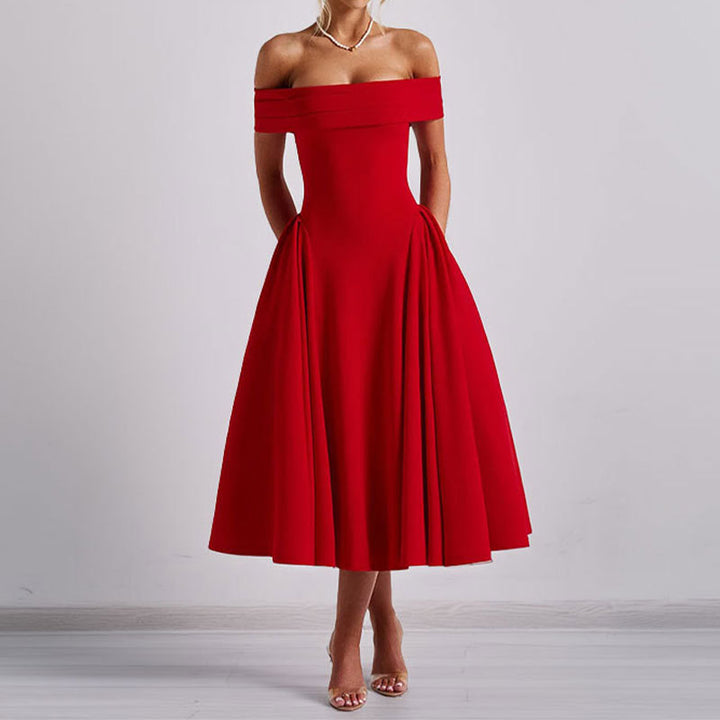 Dames Off-shoulder midi-jurk met geplooide halslijn en uitlopende rok