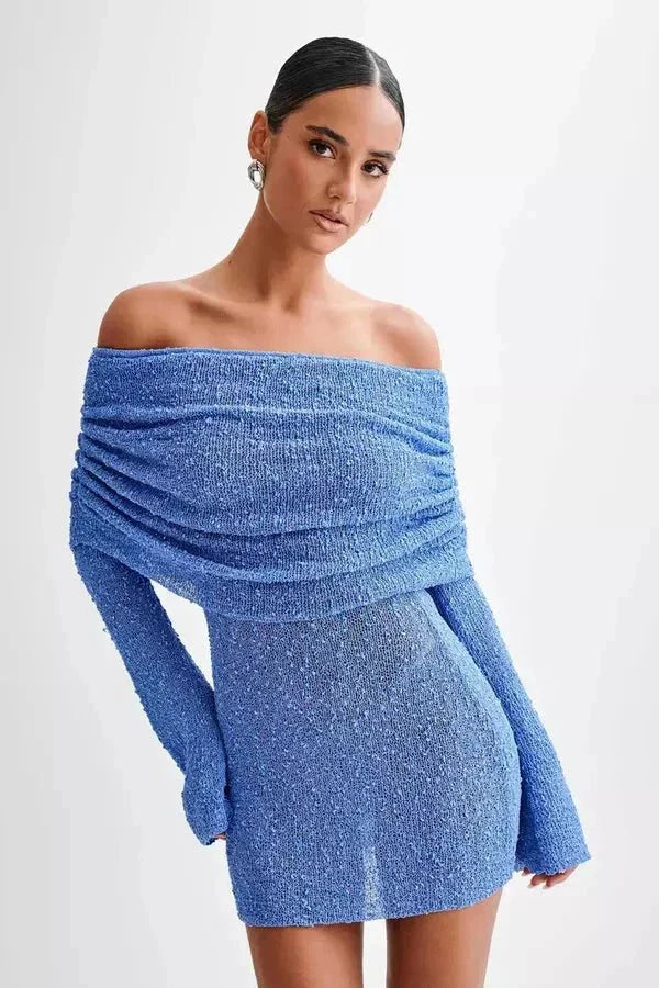 Dames Off-shoulder minijurk met lange mouwen, gedrapeerde buste en gestructureerd oppervlak