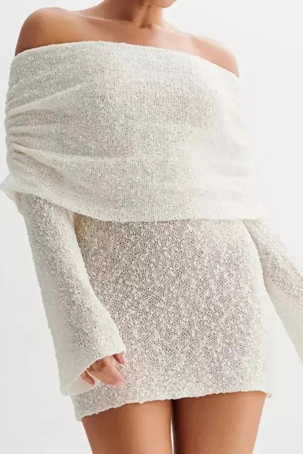 Dames Off-shoulder minijurk met lange mouwen, gedrapeerde buste en gestructureerd oppervlak