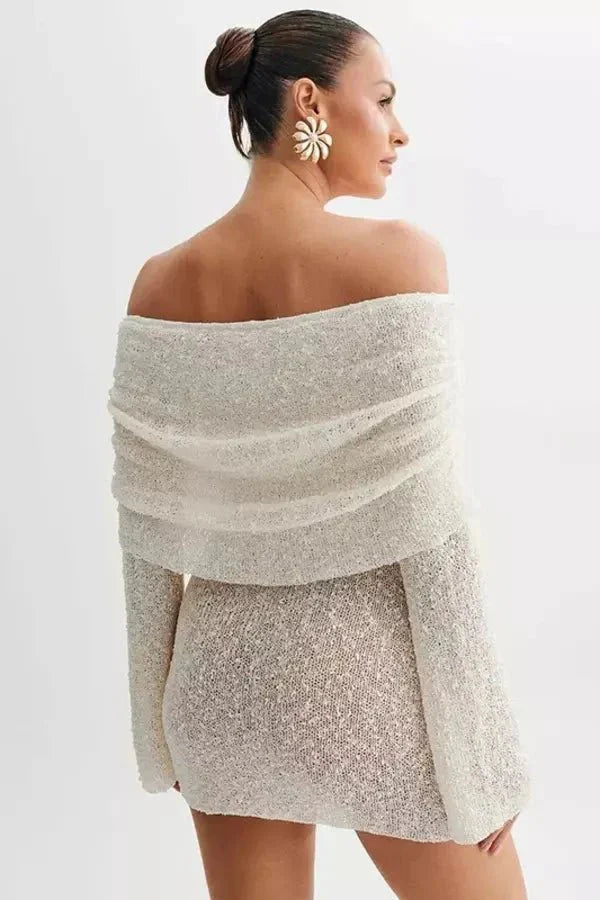 Dames Off-shoulder minijurk met lange mouwen, gedrapeerde buste en gestructureerd oppervlak