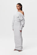 Damen Schulterfreies Strickkleid mit Asymmetrischem Ausschnitt Langen Ärmeln und Maxilänge