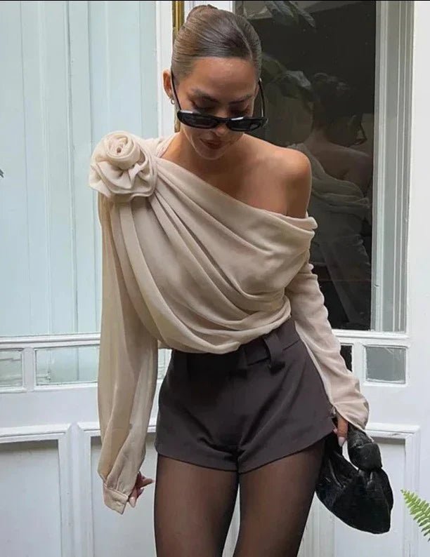 Dames Off-shoulder Top met Rozenapplicatie en Lange Mouwen met Manchetten