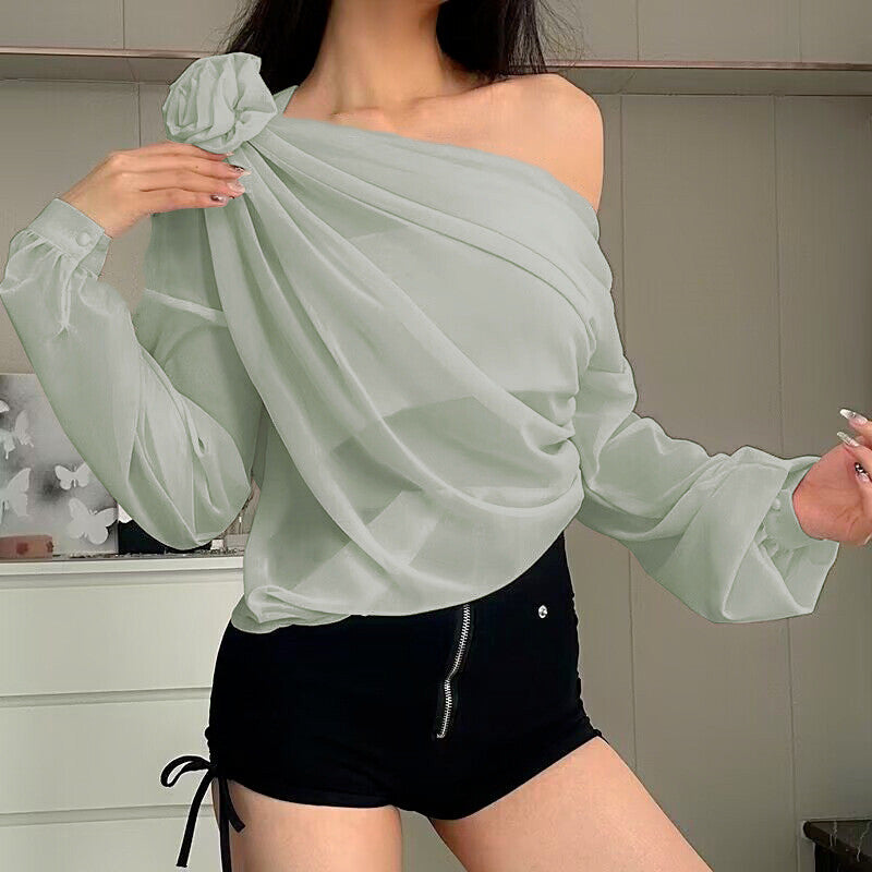 Dames Off-shoulder Top met Rozenapplicatie en Lange Mouwen met Manchetten