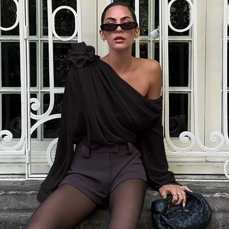 Dames Off-shoulder Top met Rozenapplicatie en Lange Mouwen met Manchetten