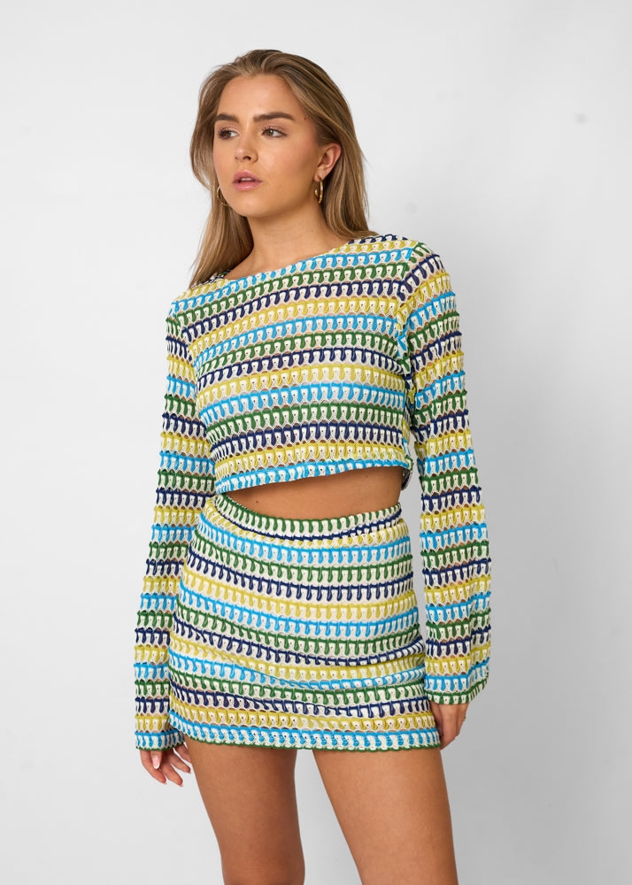Dames set voor vrouwen met meerkleurig patroon, crop-top met lange mouwen en minirok