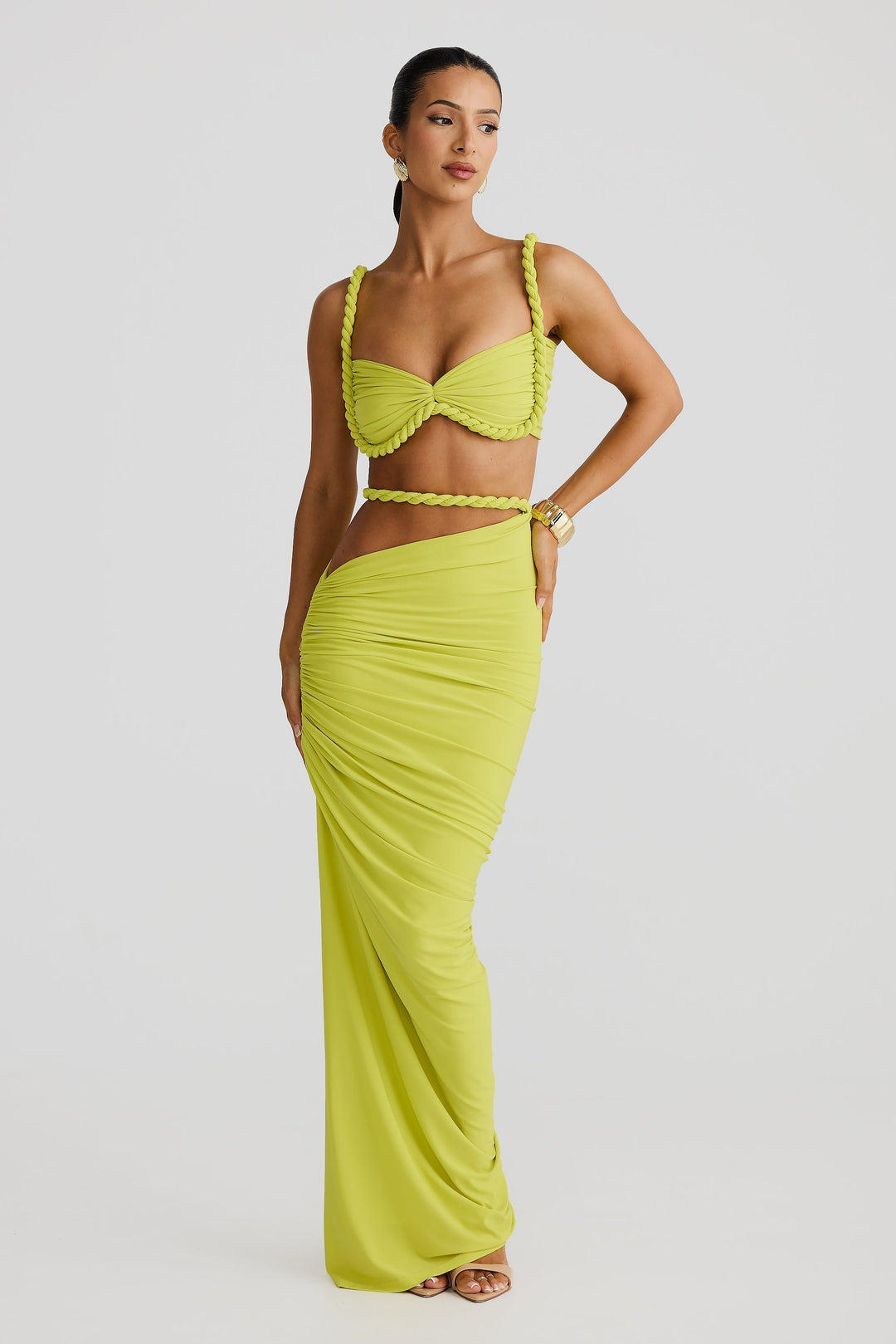 Dames set met bustiertop en maxirok met gevlochten bandjes en rimpels aan de zijkant