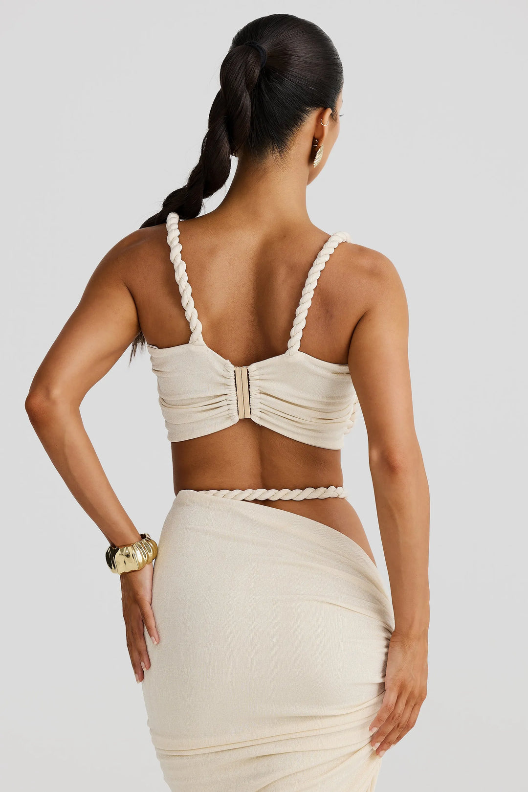 Dames set met bustiertop en maxirok met gevlochten bandjes en rimpels aan de zijkant