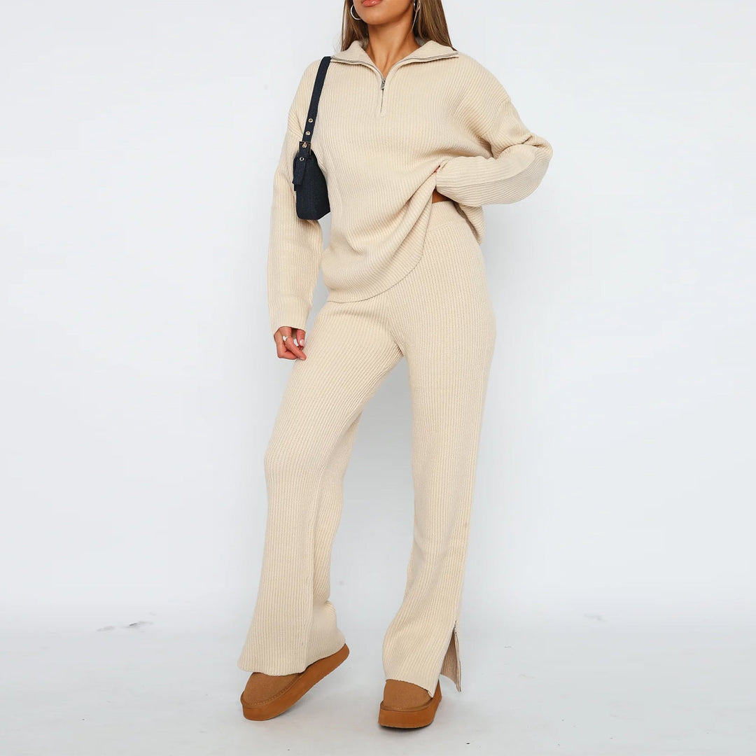 Dames set met pullover met rits en broek met ribstructuur
