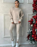 Damen Set mit Rundhals-Pullover und Leggings mit Kängurutasche