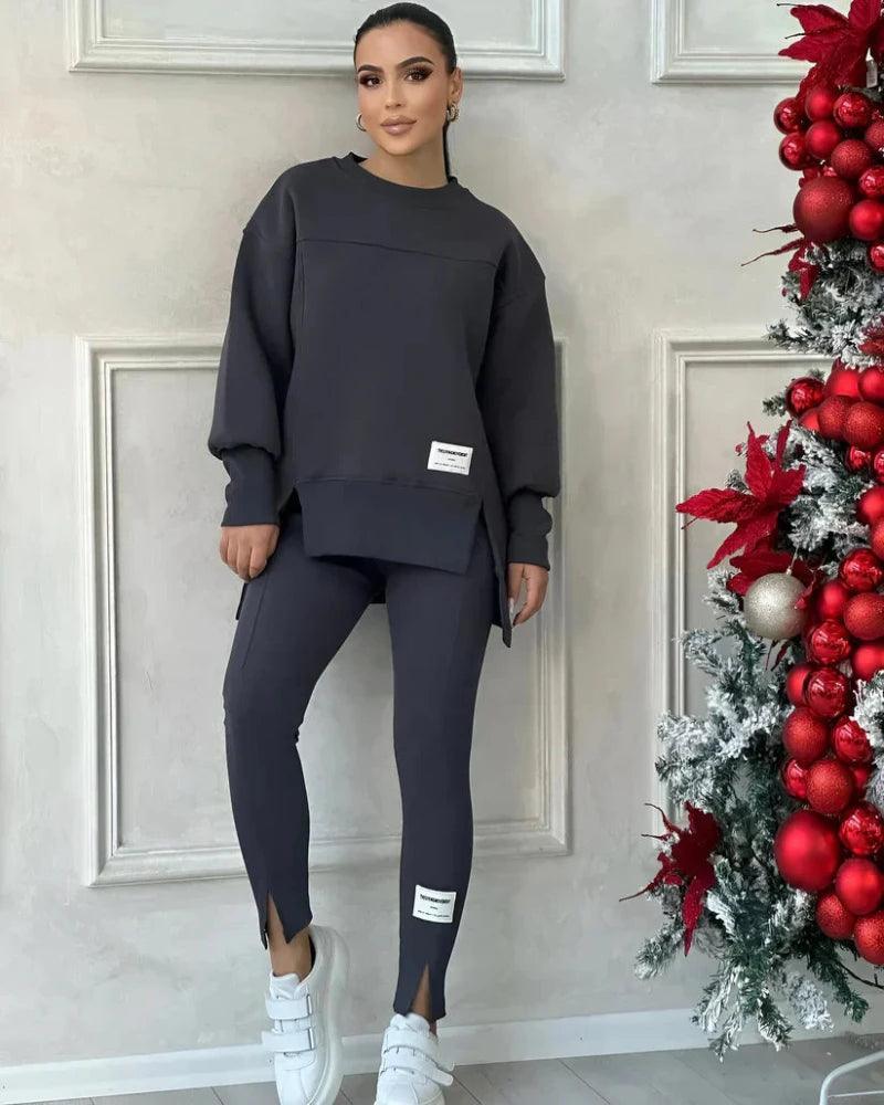 Damen Set mit Rundhals-Pullover und Leggings mit Kängurutasche