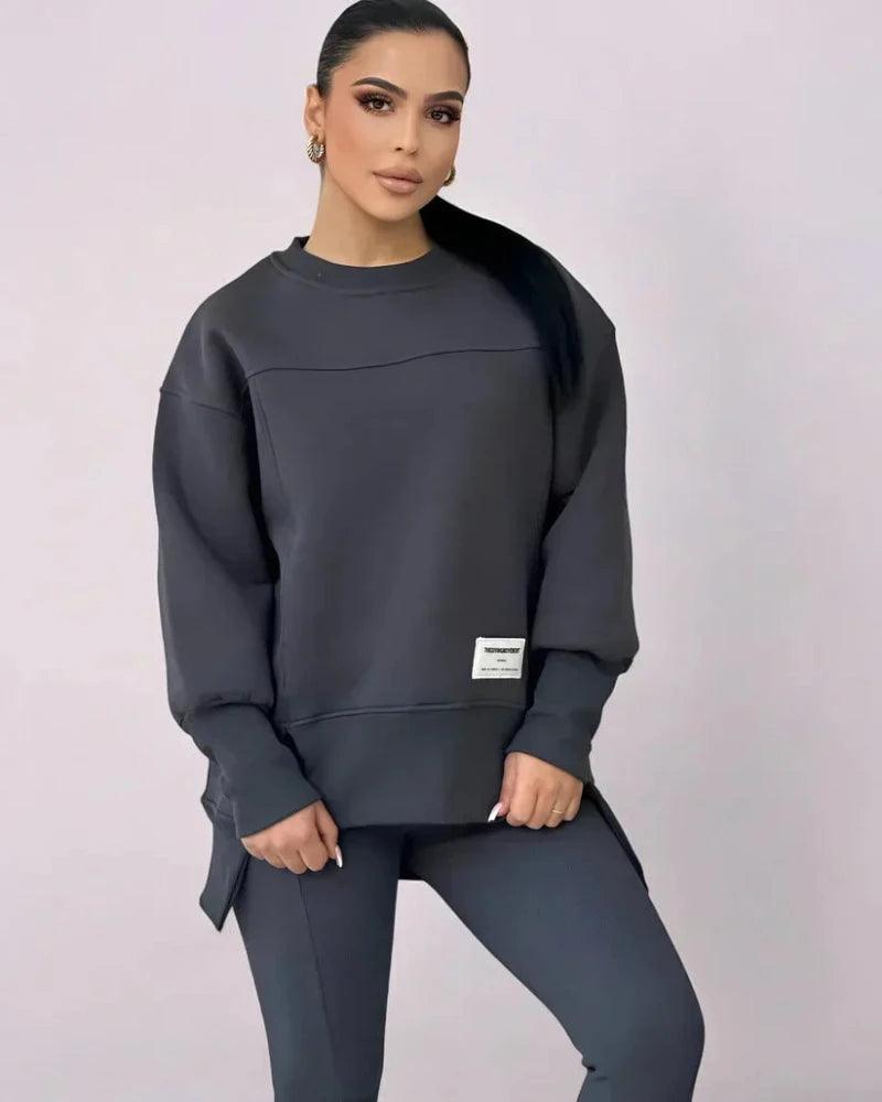 Damen Set mit Rundhals-Pullover und Leggings mit Kängurutasche