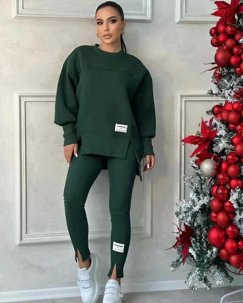 Damen Set mit Rundhals-Pullover und Leggings mit Kängurutasche