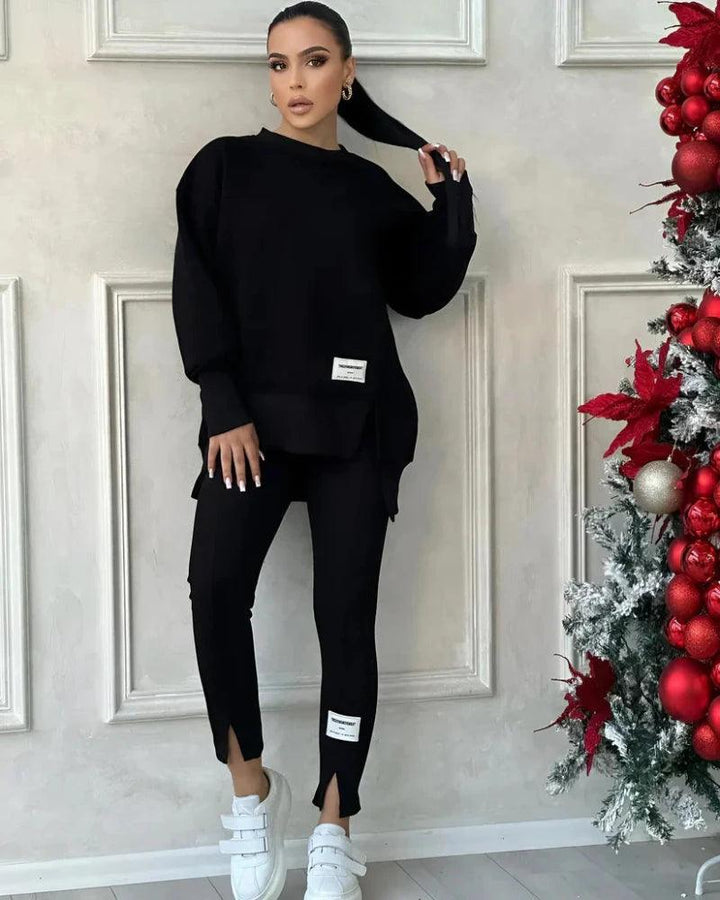 Damen Set mit Rundhals-Pullover und Leggings mit Kängurutasche