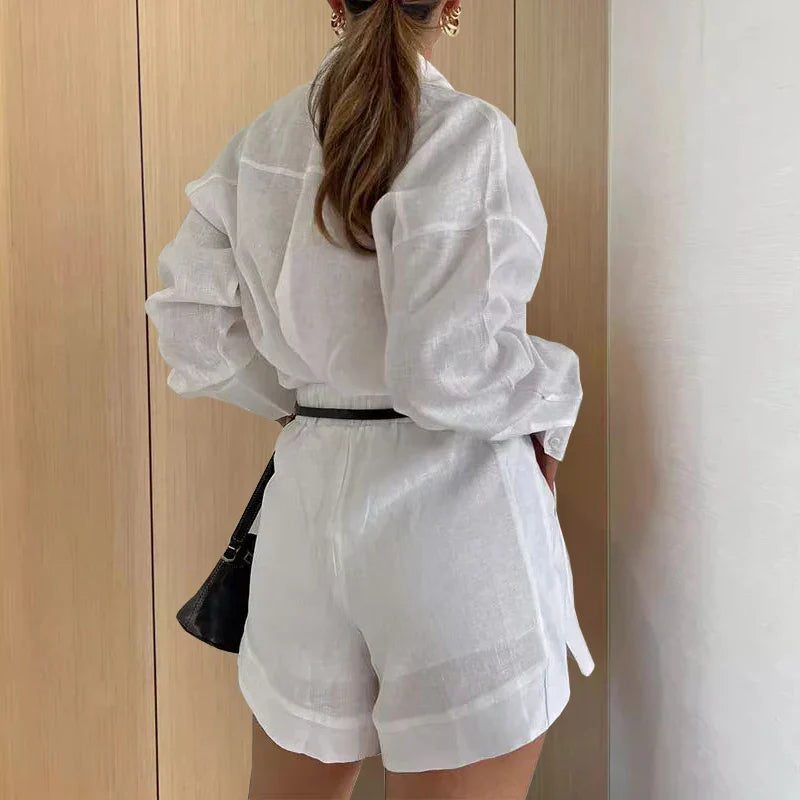 Dames zomer set met overhemd en korte broek met hoge taille