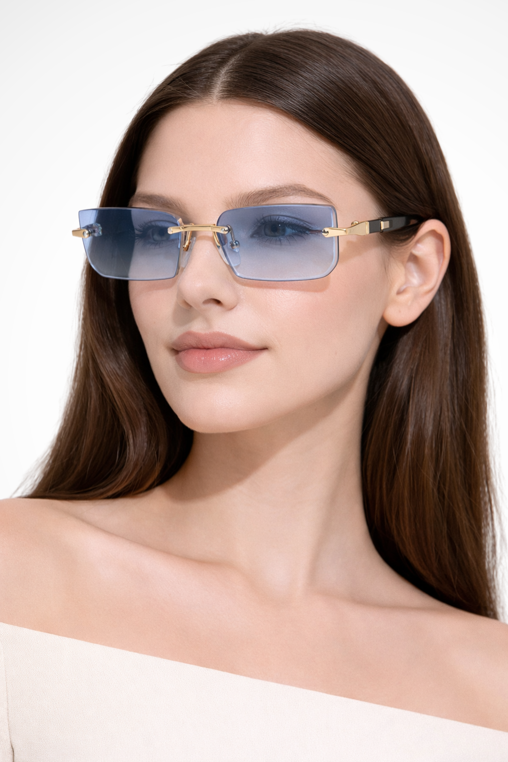 Damen Sonnenbrille ohne Rahmen mit rechteckigen Gläsern und Metallsteg