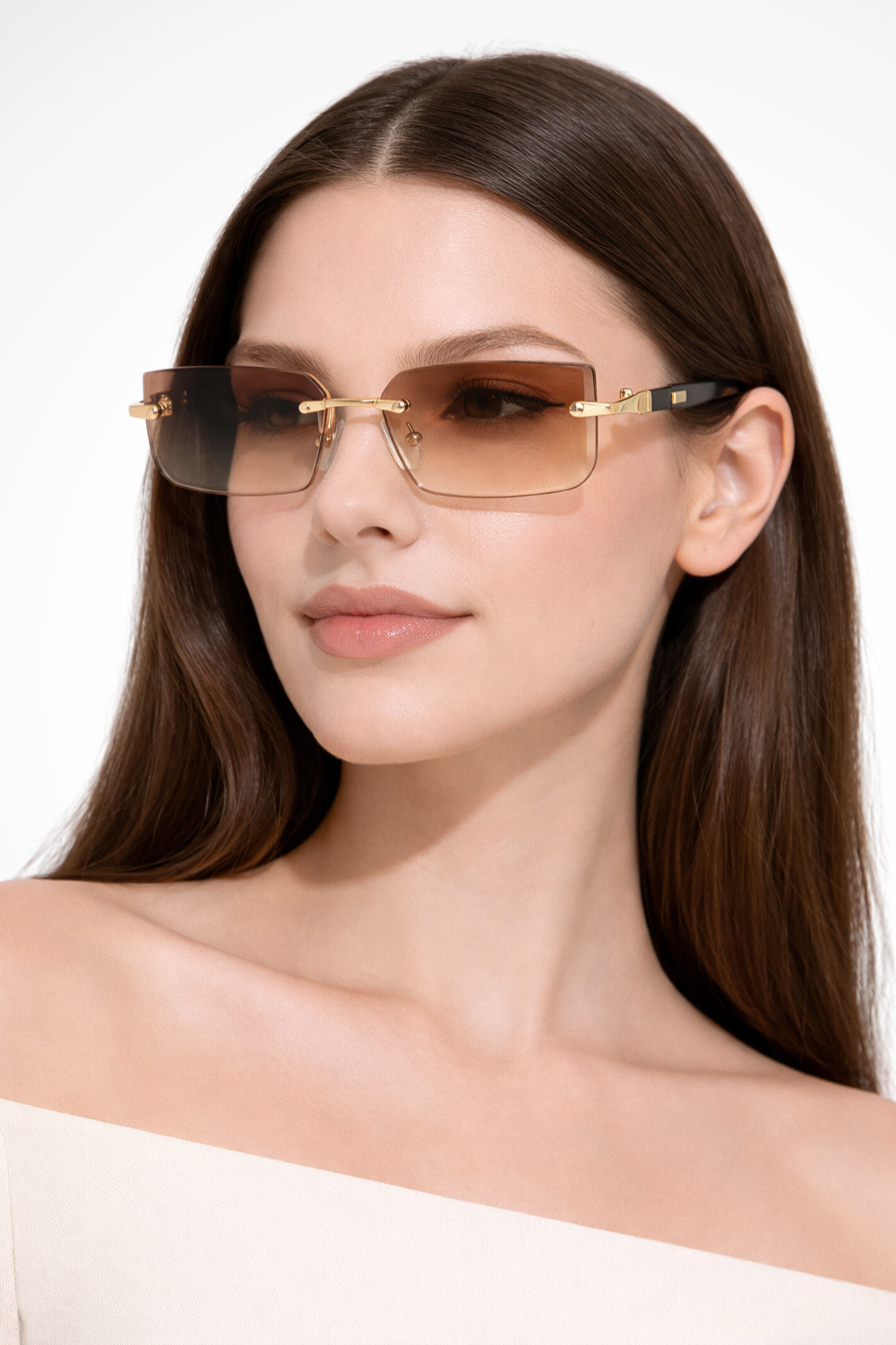 Damen Sonnenbrille ohne Rahmen mit rechteckigen Gläsern und Metallsteg