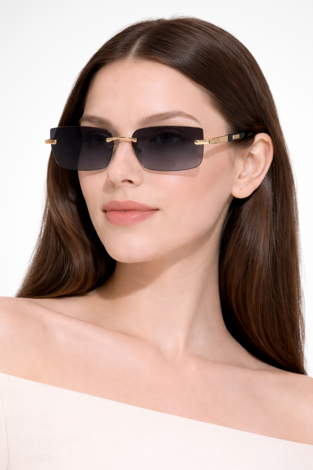 Damen Sonnenbrille ohne Rahmen mit rechteckigen Gläsern und Metallsteg