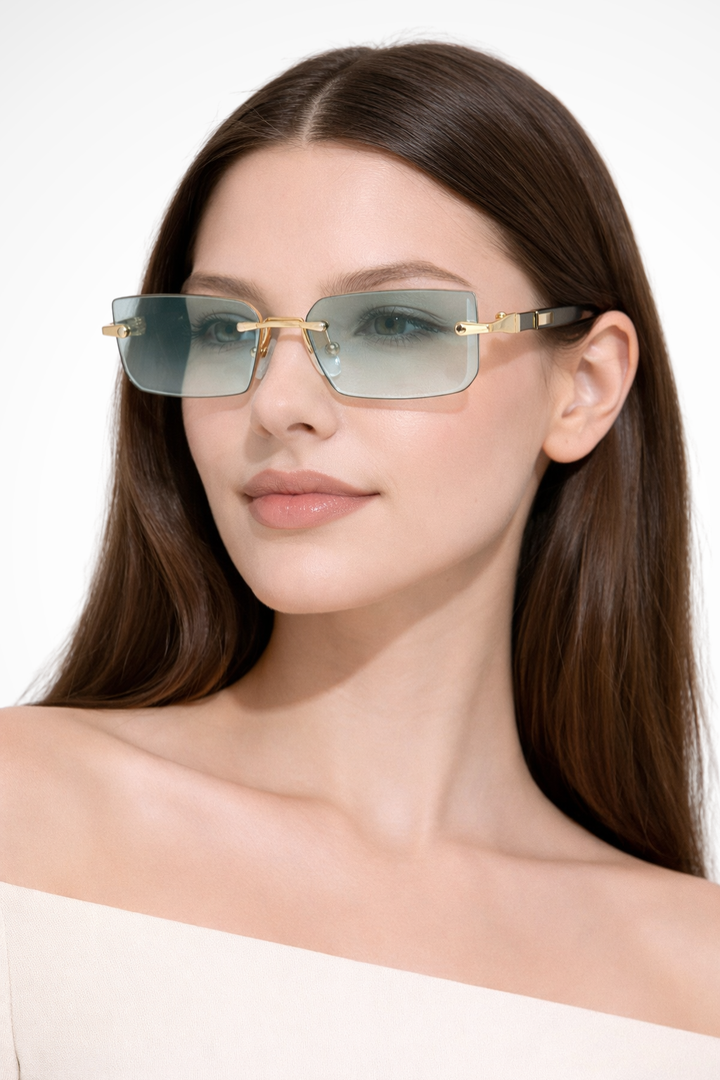 Damen Sonnenbrille ohne Rahmen mit rechteckigen Gläsern und Metallsteg