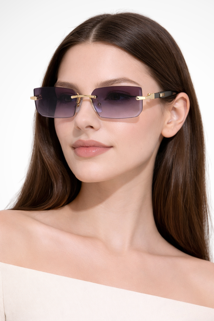 Damen Sonnenbrille ohne Rahmen mit rechteckigen Gläsern und Metallsteg