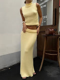 Damen Strick Set mit Ärmellosem Top Rollkragen und Maxirock