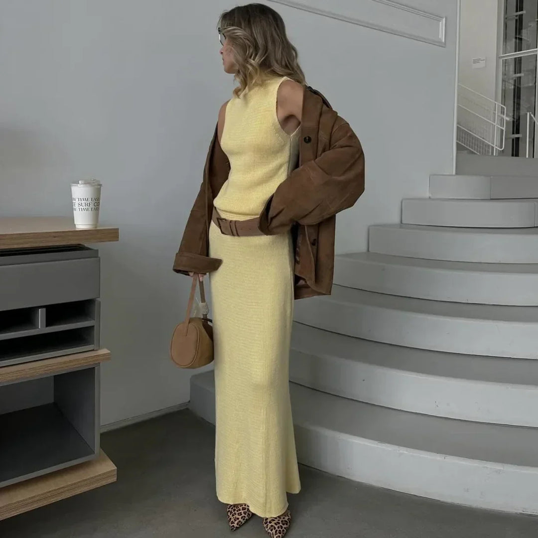 Dames gebreide set met mouwloze coltrui en maxirok