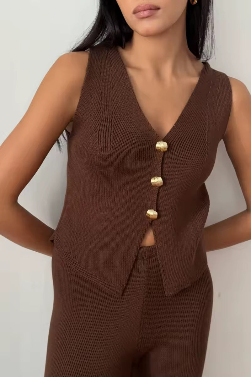 Dames gebreide set met mouwloze top en wijde broekspijp