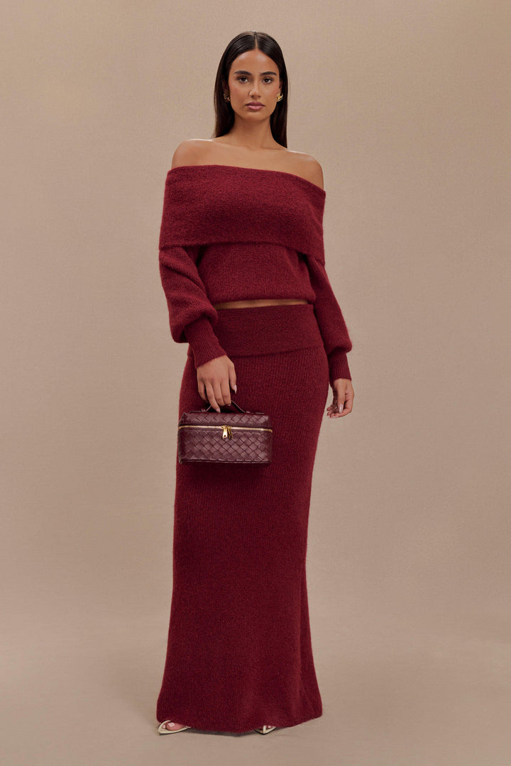 Dames gebreide set met off-shoulderhalslijn, lange mouwen en maxirok