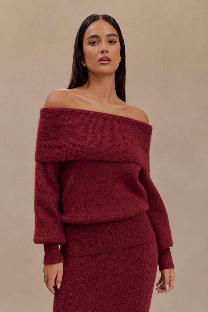 Dames gebreide set met off-shoulderhalslijn, lange mouwen en maxirok