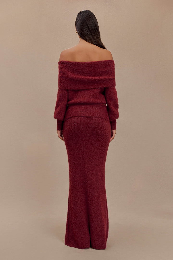 Dames gebreide set met off-shoulderhalslijn, lange mouwen en maxirok