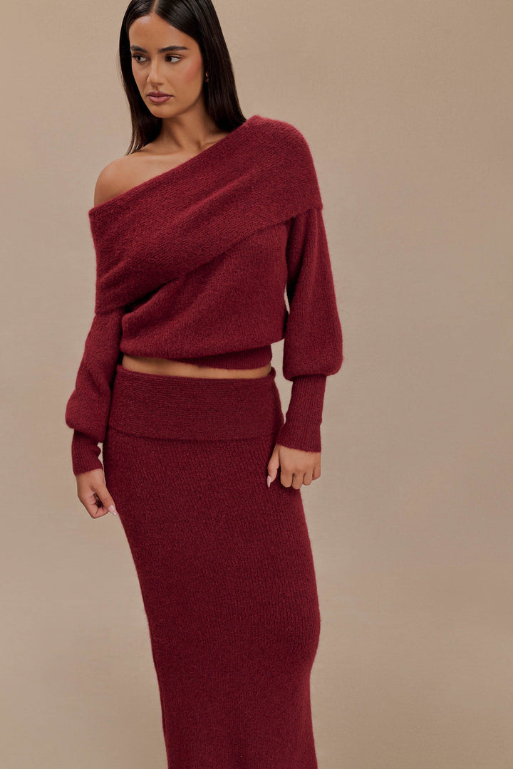 Dames gebreide set met off-shoulderhalslijn, lange mouwen en maxirok
