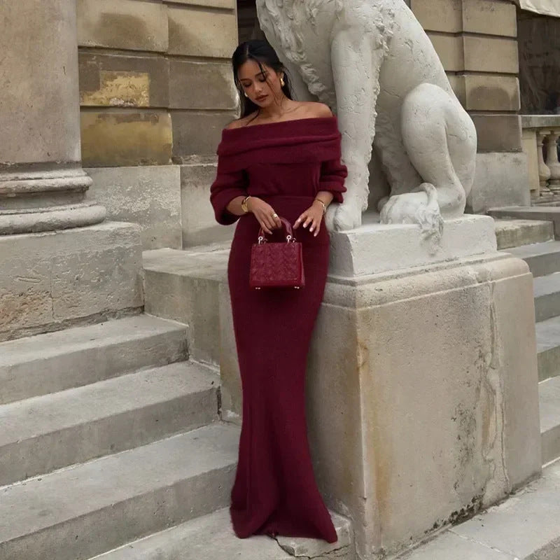 Dames gebreide set met off-shoulderhalslijn, lange mouwen en maxirok