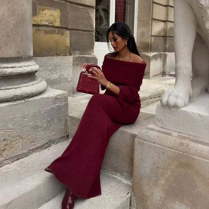 Dames gebreide set met off-shoulderhalslijn, lange mouwen en maxirok