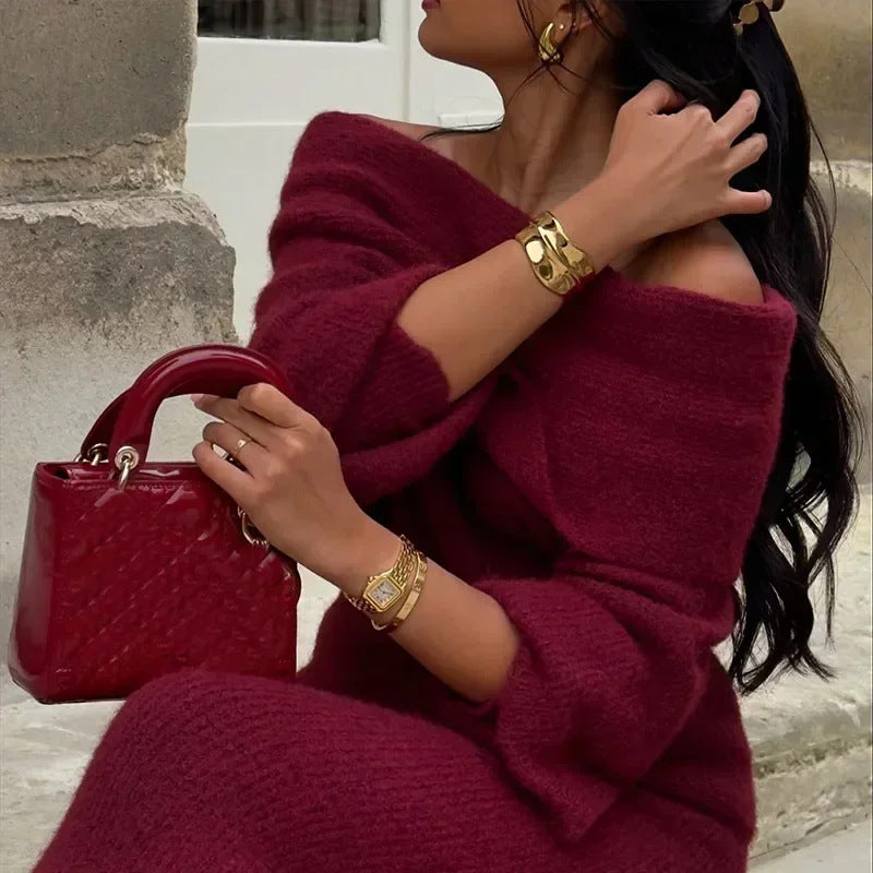 Dames gebreide set met off-shoulderhalslijn, lange mouwen en maxirok