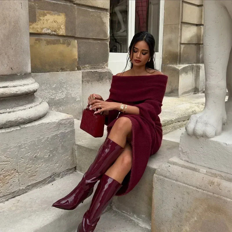 Dames gebreide set met off-shoulderhalslijn, lange mouwen en maxirok