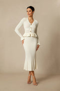 Damen Strick-Set mit V-Ausschnitt Peplum-Saum und Langen Ärmeln