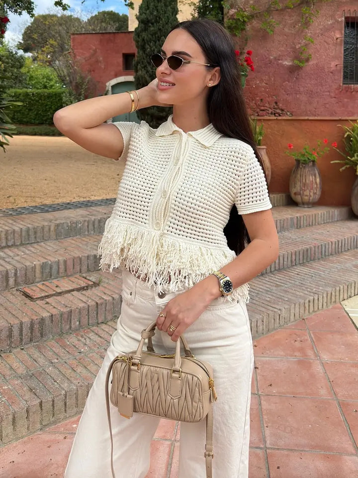 Dames gebreid shirt met knoopsluiting, kraag en franjeafwerking