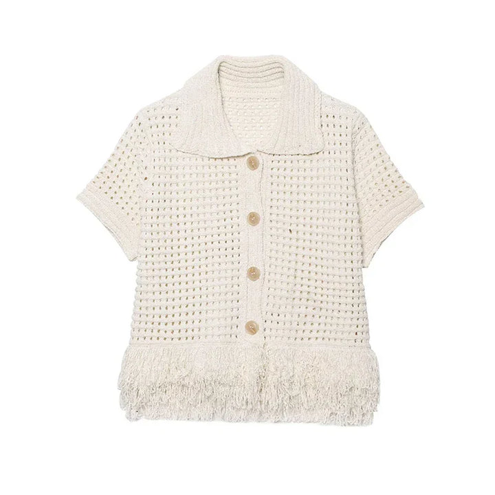 Dames gebreid shirt met knoopsluiting, kraag en franjeafwerking