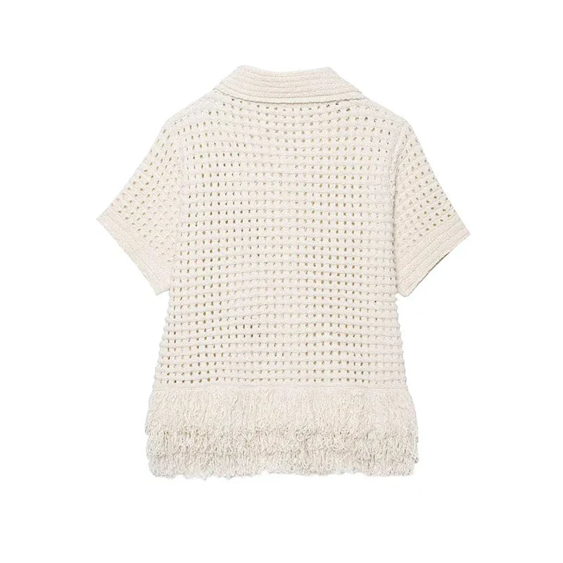 Dames gebreid shirt met knoopsluiting, kraag en franjeafwerking