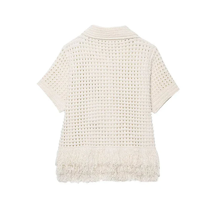 Dames gebreid shirt met knoopsluiting, kraag en franjeafwerking