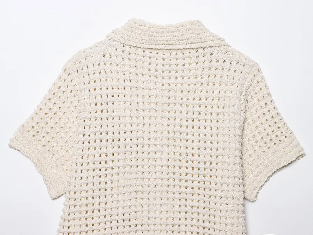 Dames gebreid shirt met knoopsluiting, kraag en franjeafwerking