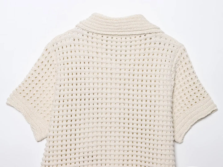 Dames gebreid shirt met knoopsluiting, kraag en franjeafwerking