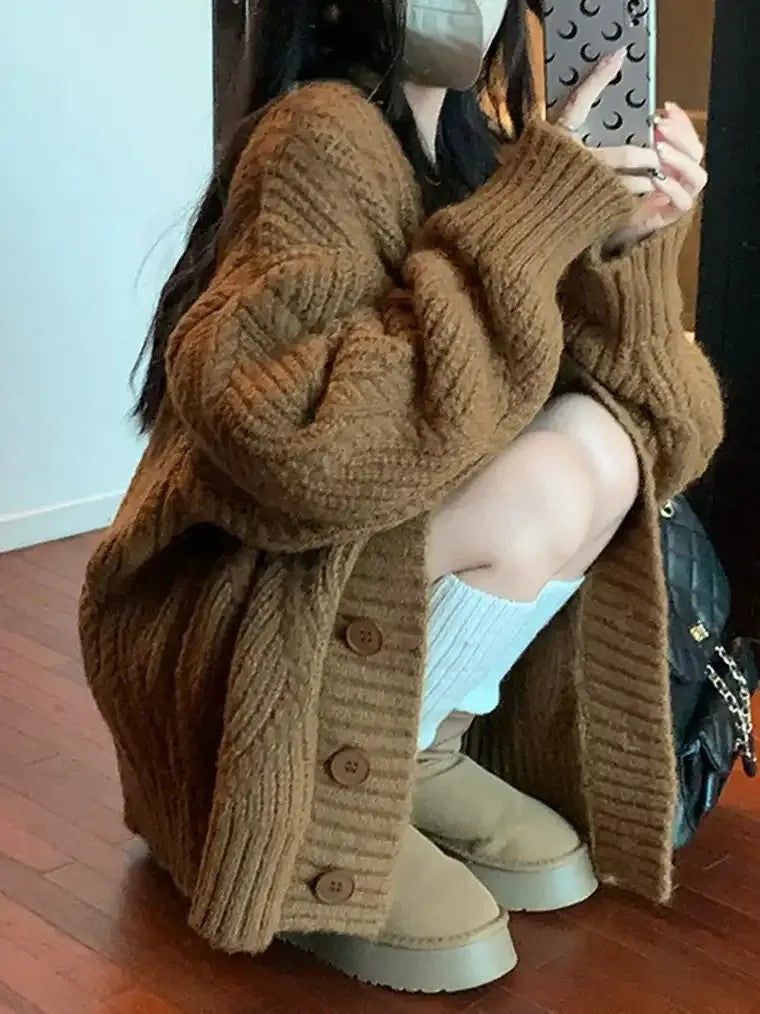 Damen Strickjacke mit V-Ausschnitt Knopfleiste und Strukturiertem Strickmuster