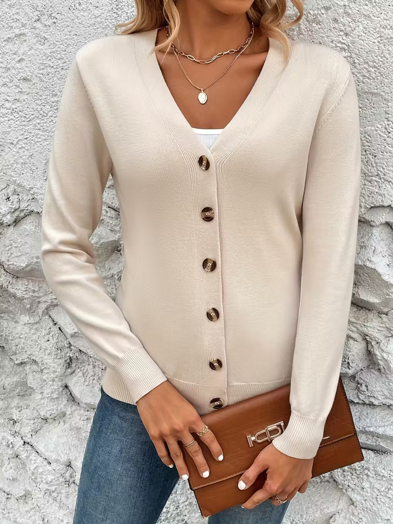 Damen Strickjacke mit V-Ausschnitt Knopfverschluss Langen Ärmeln und Gerippten Bündchen