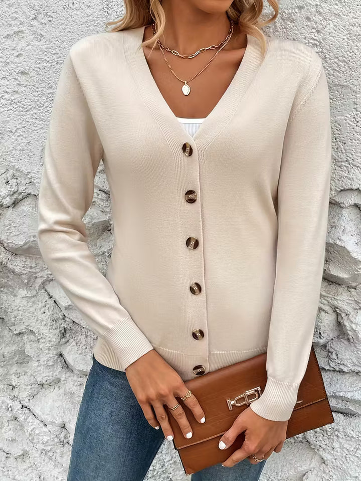 Damen Strickjacke mit V-Ausschnitt Knopfverschluss Langen Ärmeln und Gerippten Bündchen