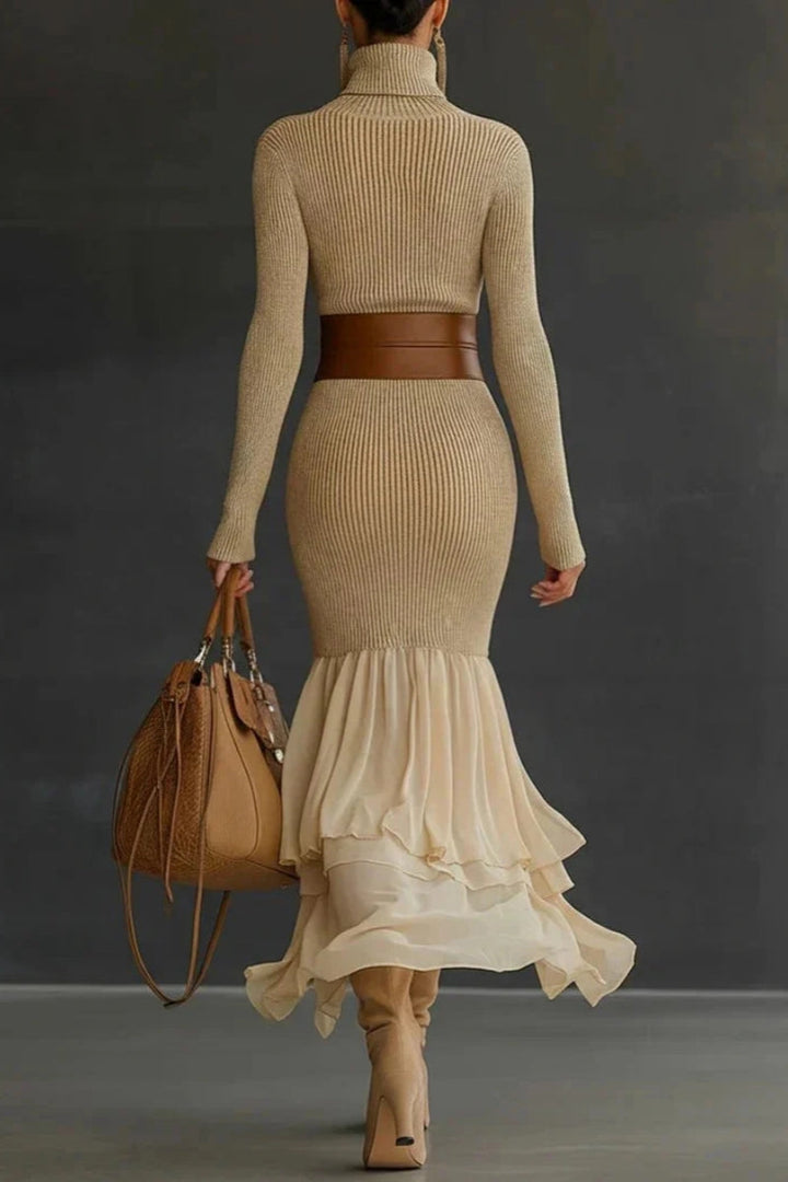 Dames gebreide jurk met col, lange mouwen, geribbelde oppervlakte en ruches aan de zoom