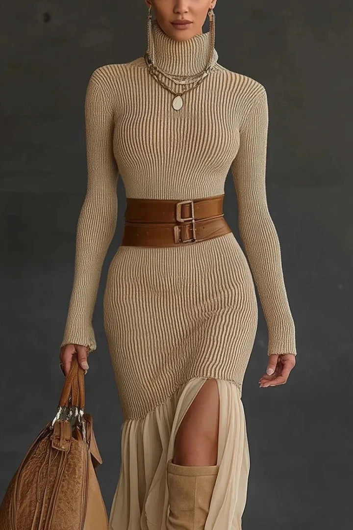 Dames gebreide jurk met col, lange mouwen, geribbelde oppervlakte en ruches aan de zoom