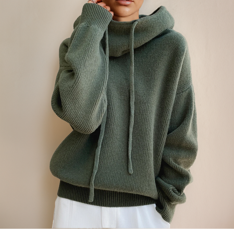 Damen Strickpullover mit hohem Kragen und Kordelzug