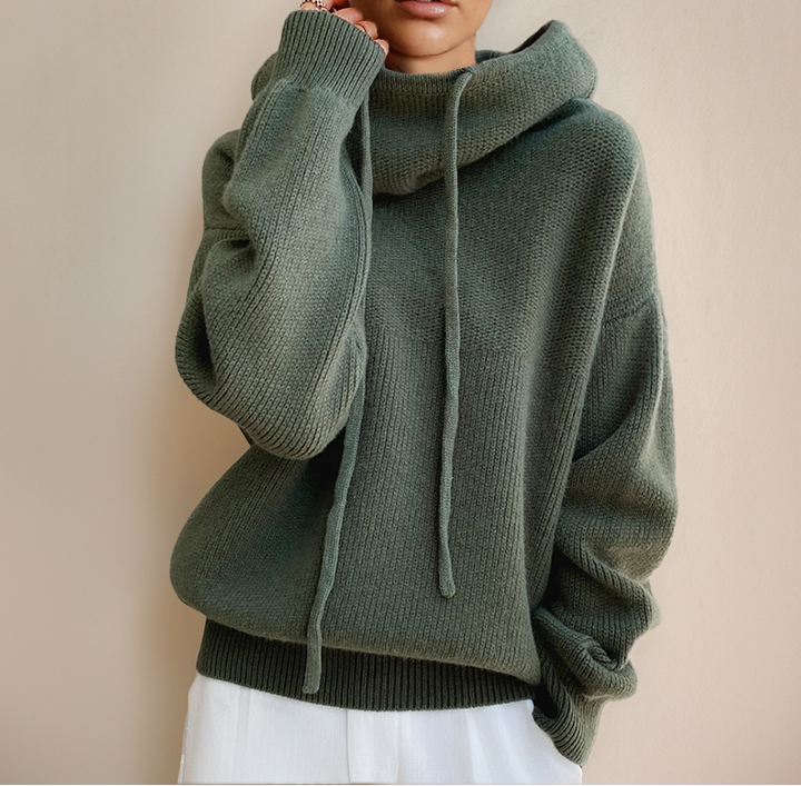 Damen Strickpullover mit hohem Kragen und Kordelzug